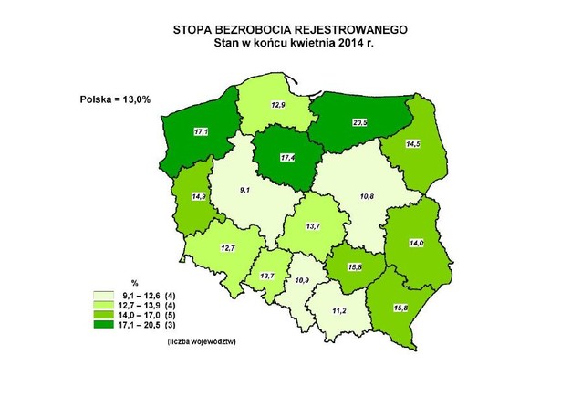 Stopa bezrobocia rejestrowanego, stan na koniec kwietnia 2014 r. Źródło: GUS