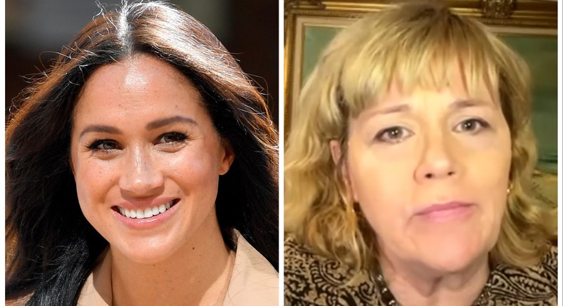 Meghan Markle, left, at an engagement in Johannesburg, South Africa, October 1, 2019, and Samantha Markle, right, during an appearance on GB News on December 8, 2022.REUTERS/Toby Melville, GB News/YouTube