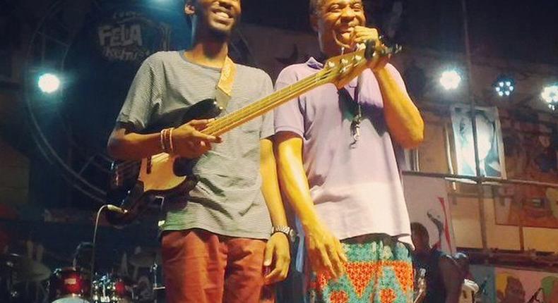 Omorinmade and dad, Femi Kuti on the stage at Afrikan Shrine