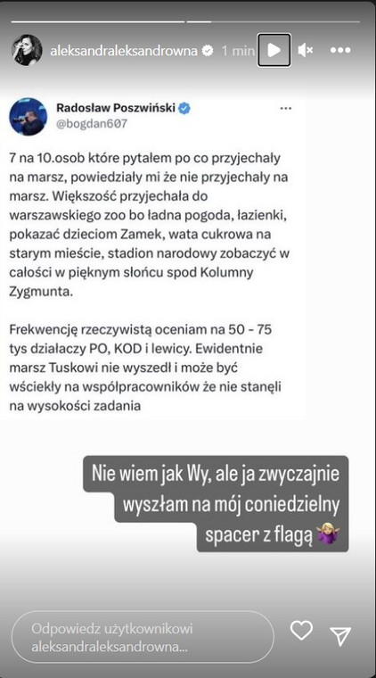 InstaStory z profilu Aleksandry Kwaśniewskiej