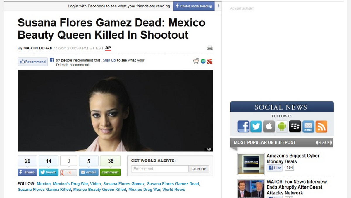 Maria Susana Flores Gamez, 20-letnia meksykańska stanowa królowa piękności, zginęła w strzelaninie między żołnierzami a gangiem handlarzy narkotyków - poinformował huffingtonpost.com.