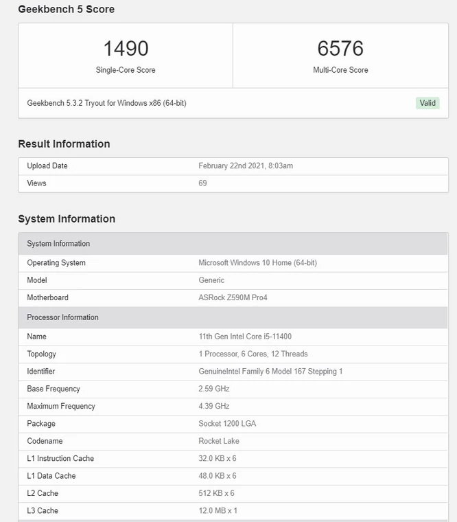 Intel Core i5-11400 przetestowany w Geekbench