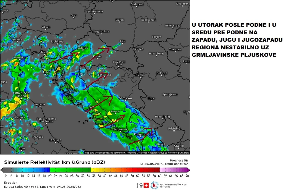 U utorak i sredu nestabilno uz grmljavine i pljuskove
