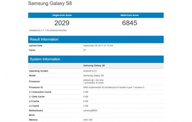 Samsung Galaxy S8 z Androidem Oreo w bazie Geekbench