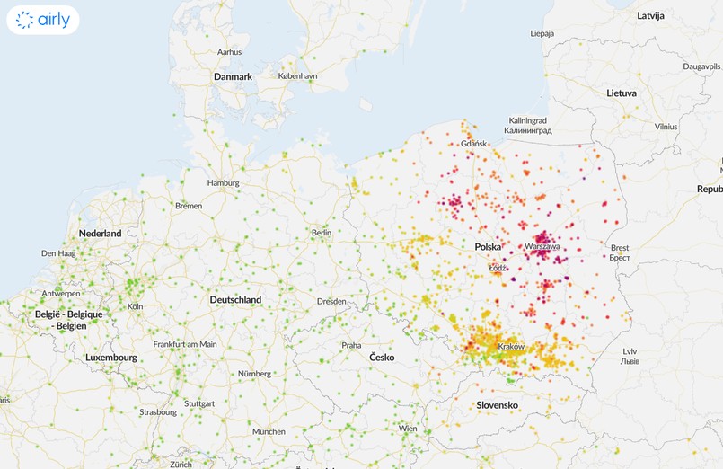 Mapka zanieczyszczeń powietrza w Polsce Airly