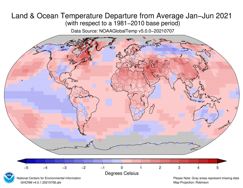 Odchylenie temperatury od średniej na świecie w półroczu styczeń-czerwiec 2021 (okres referencyjny 1981-2010)