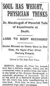 Wycinek z gazety "New York Times" z 1907 r., informujący o wynikach eksperymenty MacDougalla 