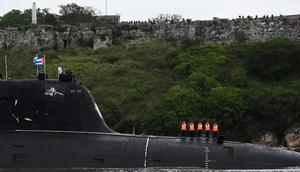 Russian Marines standing guard on top of the Russian nuclear-powered submarine Kazan at Havana's harbor, Cuba, on June 12, 2024.YAMIL LAGE/AFP via Getty Images