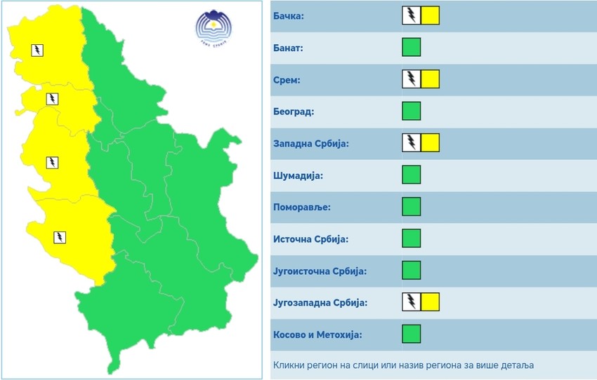 "Žuti" meteolalarm za Bačku, Srem, zapadnu i jugozapadnu Srbiju, 20. maj