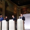 Fridrih Merc, Volodimir Zelenski, Emanuel Makron i Kir Starmer na konferenciji nakon samita Koalicije voljnih u Parizu 13. jula