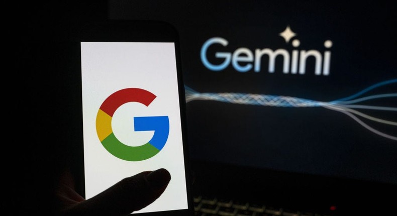 In this photo illustration, the logo of 'Google' is displayed on a phone screen in front of a 'Google Gemini' logo.AnadoluBetul Abali/Anadolu via Getty Images