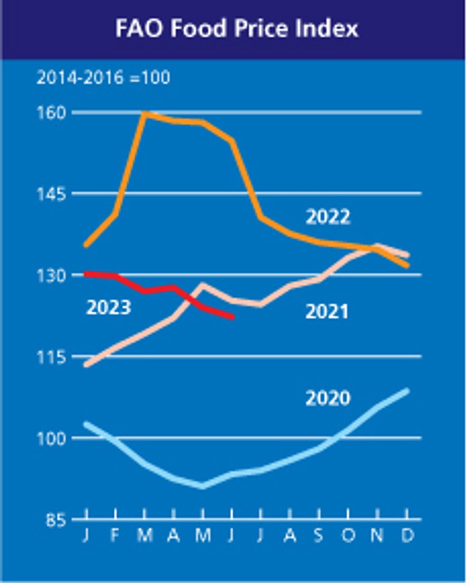 Indeks FAO w połowie 2023 r jest na bardzo niskim poziomie.