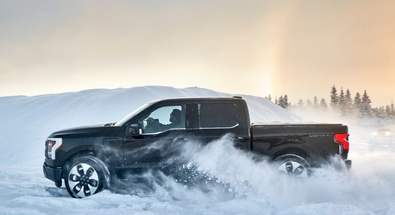 The 2022 Ford F-150 Lightning during winter testing in Alaska.