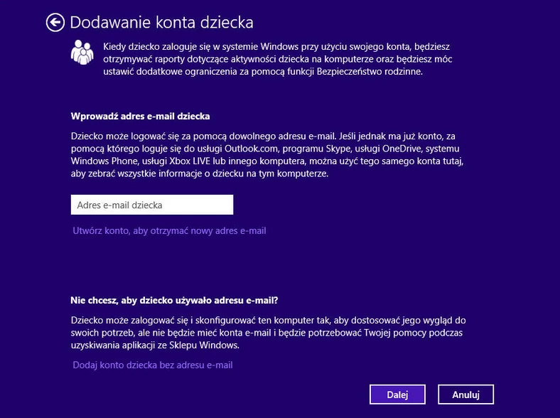 System Windows również pozwala zakładać profile dla dzieci