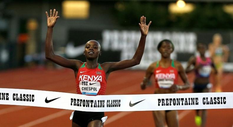 Celliphine Chepteek Chespol of Ethiopia wins the 3000m steeplechase event during the 2017 Prefontaine Classic Diamond League meet, at Hayward Field in Eugene, Oregon, on May 26