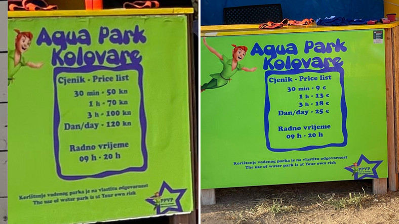Cena za zabawę w parku wodnym (po lewej zdjęcie z 2022 r., po prawej z 2023 r.)