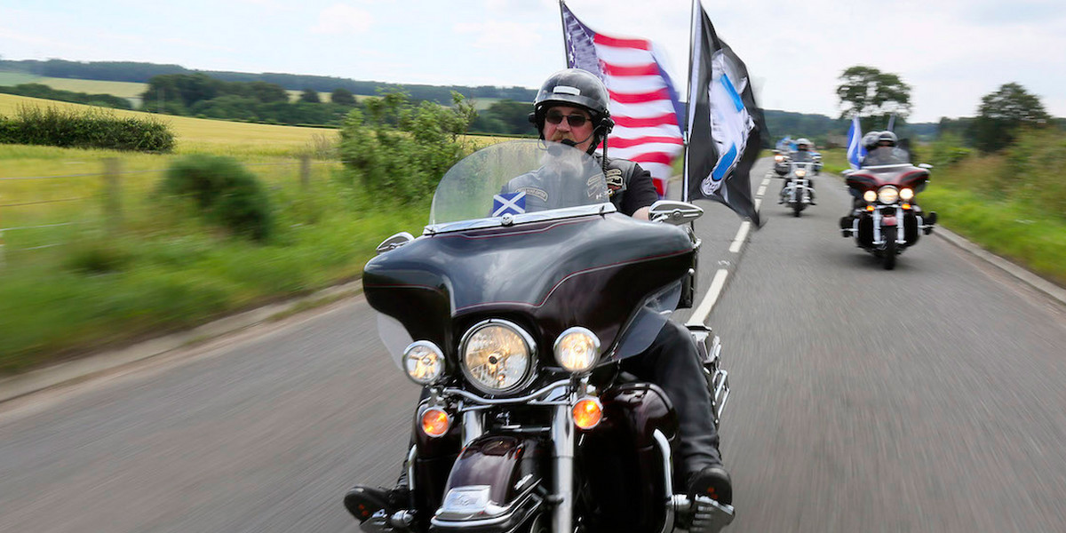 Harley-Davidson enthusiasts in Scotland's Angus countryside in 2014.