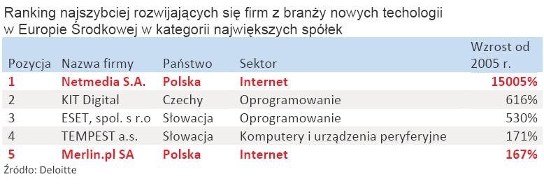 Ranking najszybciej rozwijających się firm z branży nowych techologii w Europie Środkowej w kategorii największych spółek