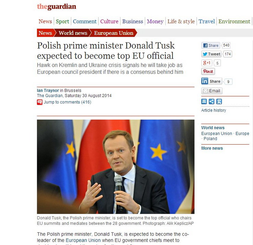 "The Guardian" o wyborze Donalda Tuska.