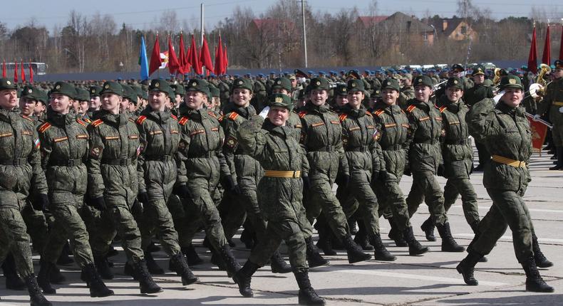 Female Russian soldiers during the rehearsals for the Victory Day Military Parade, April 18, 2022.Contributor/Getty Images