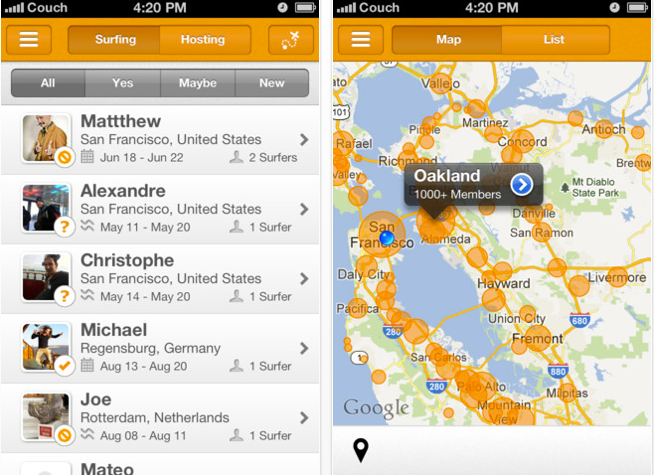 <b>Couchsurfing Travel App</b>
<br></br>
Idea podobna do Airbnb, z tą różnicą, że oferowane noclegi są darmowe. Couchsurfing to ogromna społeczność, która nie tylko użycza sobie nawzajem kanap do spędzenia na nich nocy, ale również spotyka się na cyklicznych eventach i propaguje ideę podróżowania po całym świecie dzięki życzliwości miejscowych.