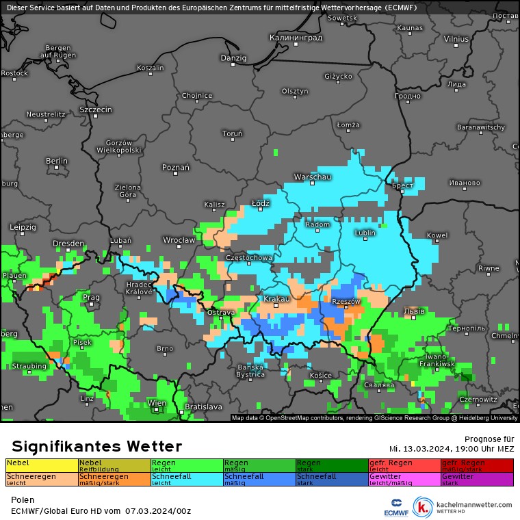 Niewykluczone, że w połowie przyszłego tygodnia zrobi się na tyle chłodno, że znów pojawi się deszcz ze śniegiem (zaznaczony na pomarańczowo) i śnieg (na niebiesko)