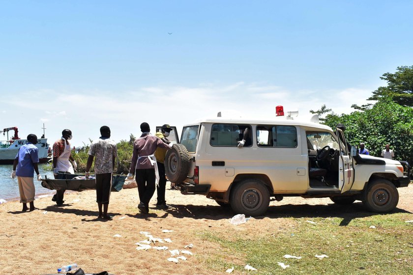 MV Nyerere that overturned is seen off the shores of Ukara Island in Lake Victoria