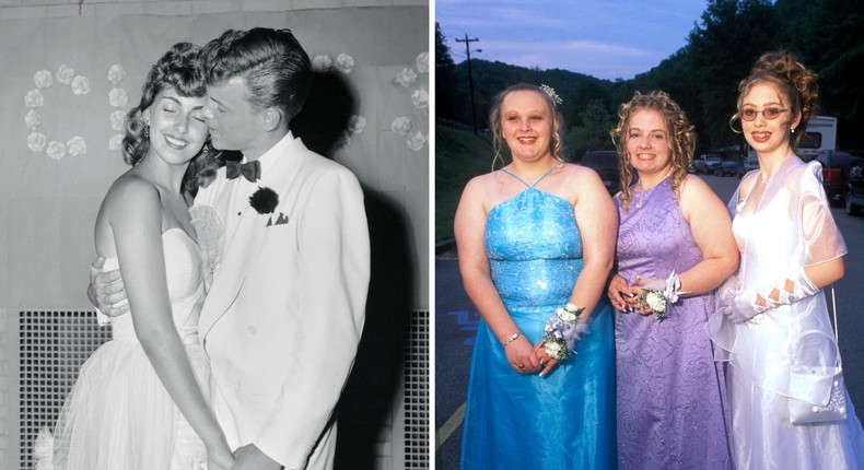 Left, a couple at a prom in the 1950s. Right, three girls wear prom dresses in the early 2000s.Getty Images; Mark Peterson/Corbis/Getty Images