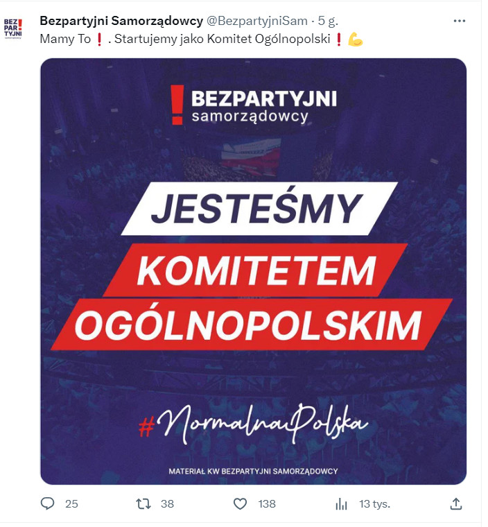 O wystawieniu list we wszystkich wyborczych okręgach do Sejmu Bezpartyjni Samorządowcy poinformowali w środę na Twitterze   