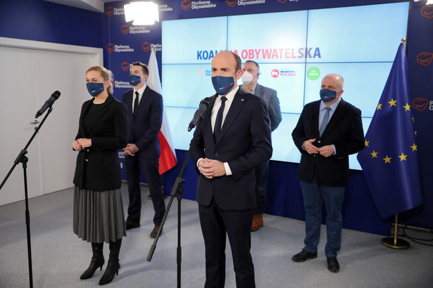 Konferencja liderów Koalicji Obywatelskiej. Borys Budka, Adam Szłapka, Barbara Nowacka, Wojciech Kubalewski, Paweł Kowal