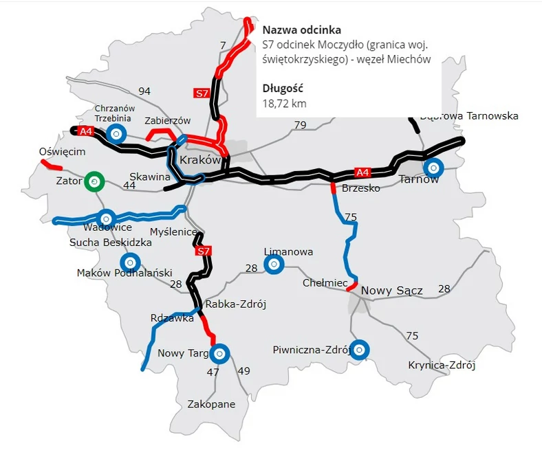 Mapa trasy S7 Moczydło — Miechów