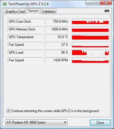 Temperatura GPU na karcie Radeon HD 4870 pod obciążeniem