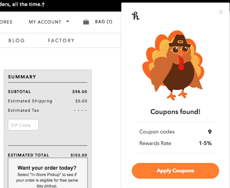 The Honey browser extension automatically offers up coupon codes and "Honey Gold" deals at checkout.