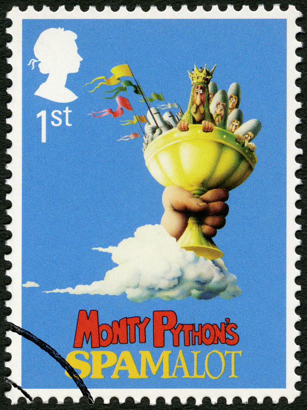Brytyjski znaczek pocztowy upamiętniający film "Monty Python i Święty Graal"