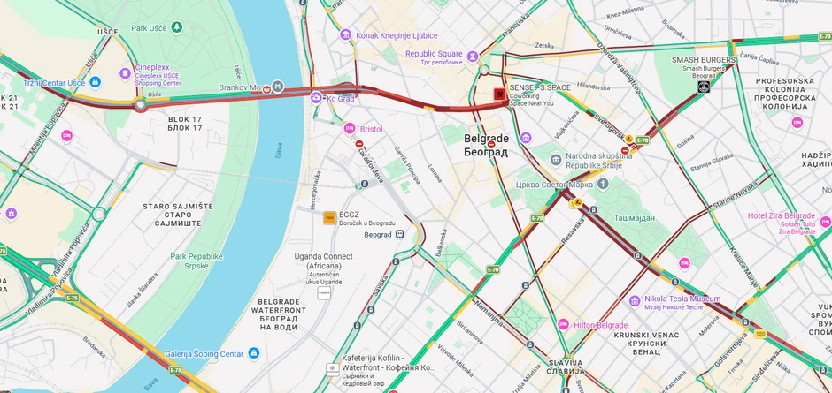 Mapa gužvi u Beogradu, oko 10.30 časova
