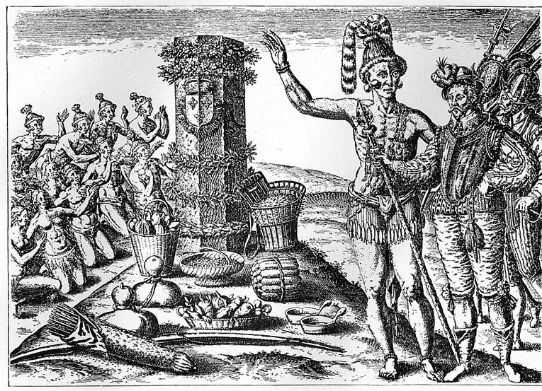 Indianie handlujący z Europejczykami, XVII wiek (domena publiczna)
