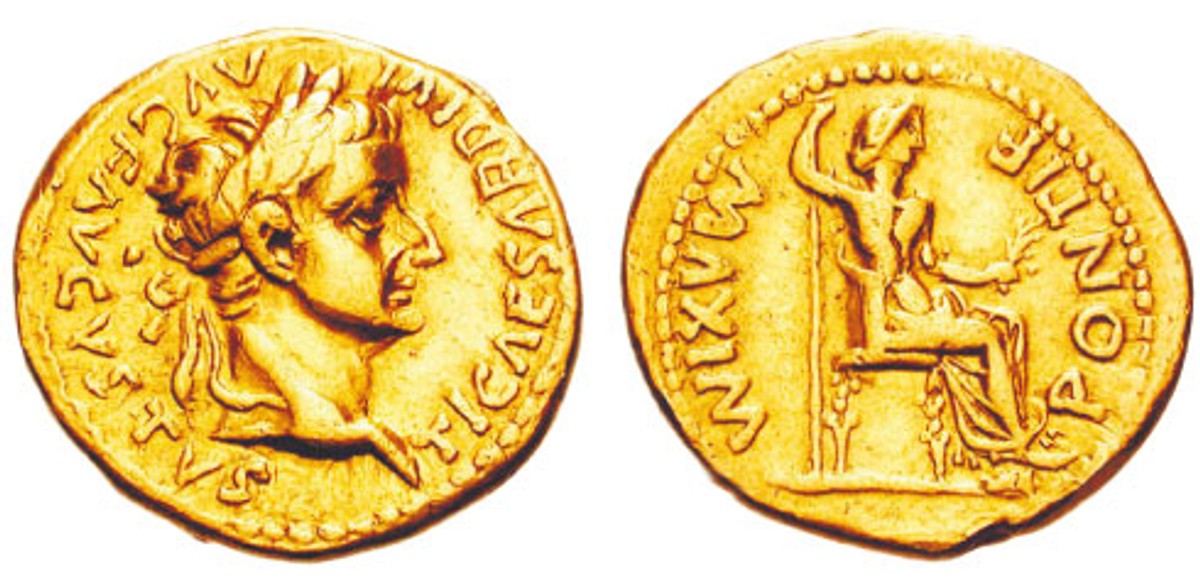 Aureus z wizerunkiem Tyberiusza, 14-37 rok n.e.