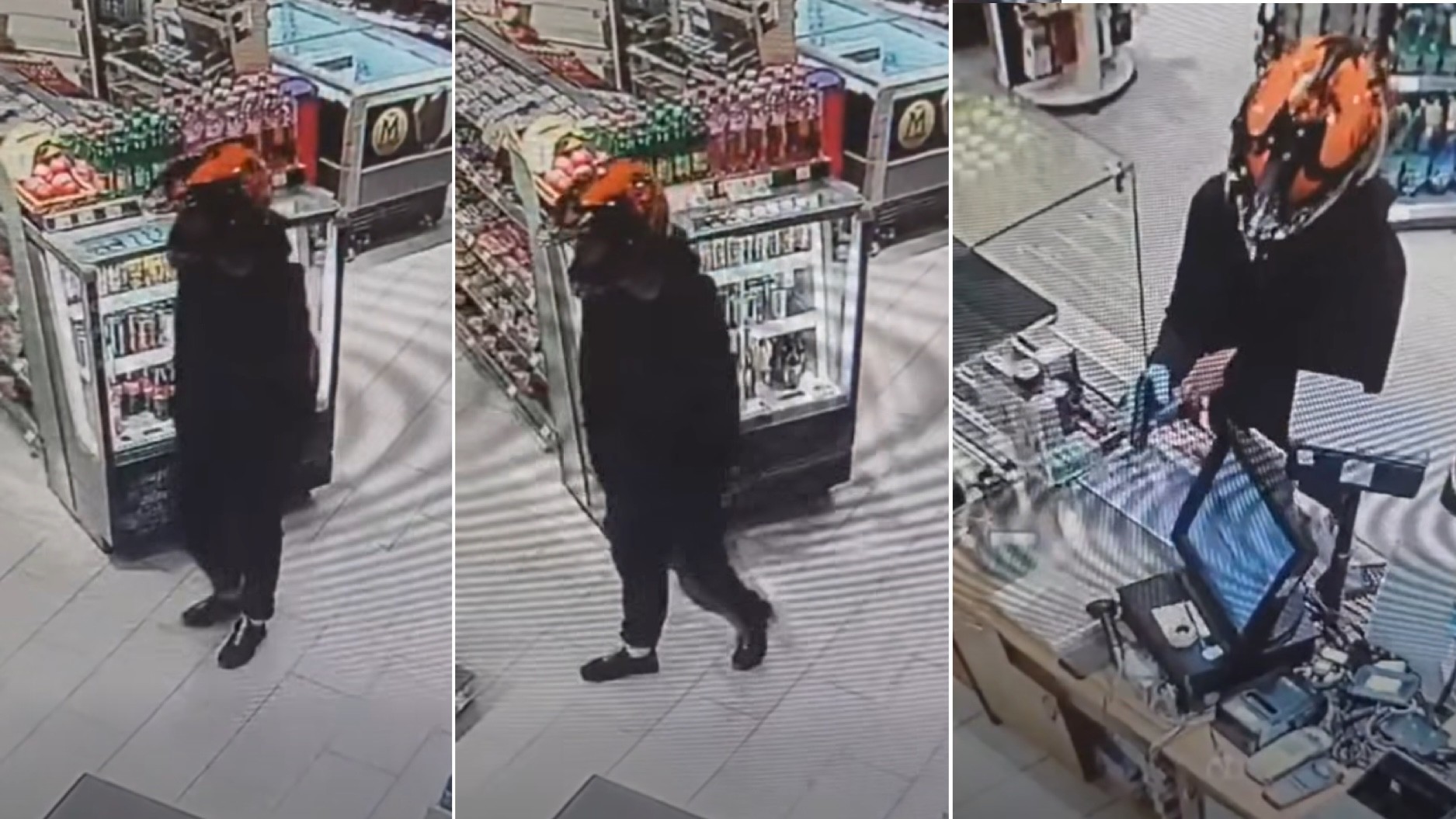 Ozbrojený lupič v motokrosovej helme na čerpacej stanici