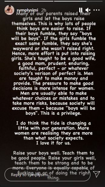 The music star says men get away with stuff that women will be slammed for. [Instagram/SymplySimi]