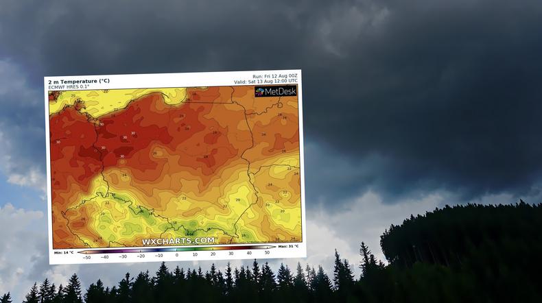 Długi weekend będzie ciepły, ale mogą przetaczać się burze (mapa: wxcharts.com)