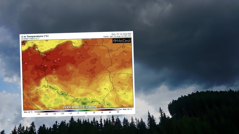 Długi weekend będzie ciepły, ale mogą przetaczać się burze (mapa: wxcharts.com)