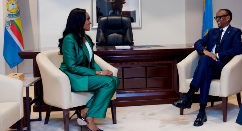 Rwanda President, Paul Kagame, in a private meeting with the Executive Vice Chairman of Globacom, Mrs Bella Disu, at the 2019 Africa CEO Forum in Kigali, Rwanda.                                                                                       