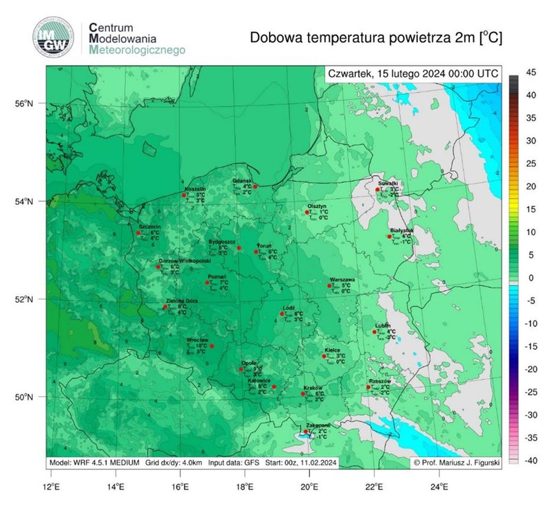 Dobowa temperatura w czwartek, 15 lutego.