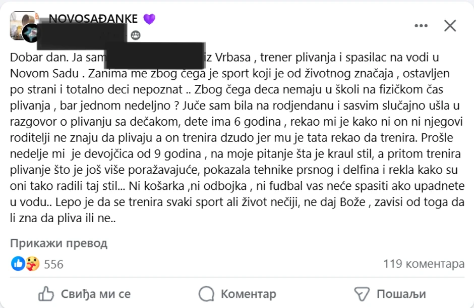 Objava instruktorke plivanja