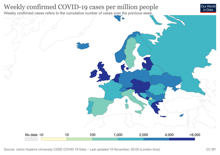 COVID-19 w Europie. Zakażenia na milion mieszkańców w ujęciu tygodniowym