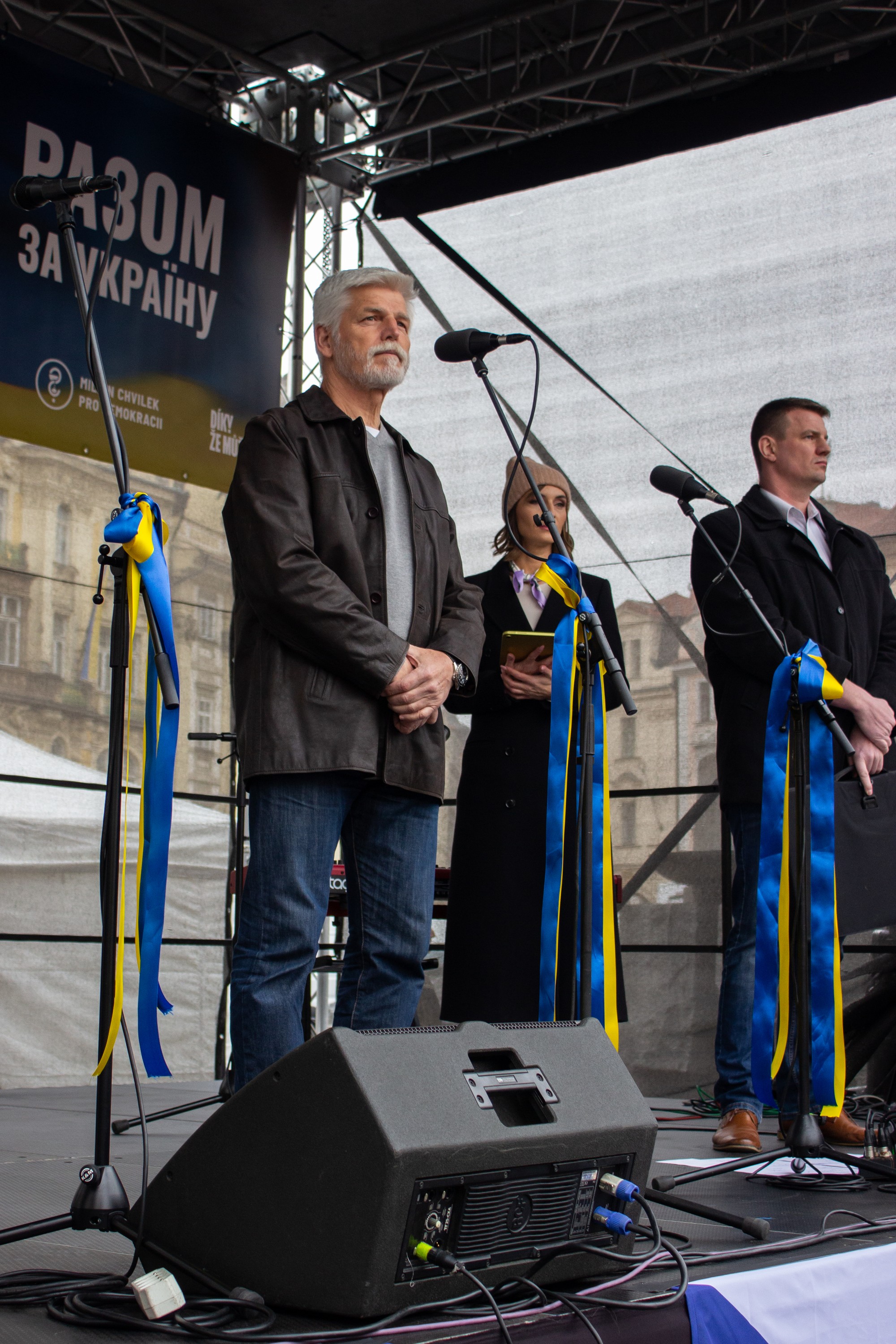 Český prezident Petr Pavel na zhromaždení na Staromestskom námestí v Prahe. 