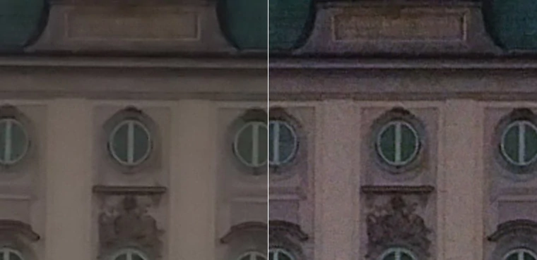 Wycinki w skali 1:1 ukazujące fragment zdjęcia 48 MP (po lewej) oraz przeskalowanego do tej samej rozdzielczości, standardowego zdjęcia 12 MP (kliknij, aby powiększyć).