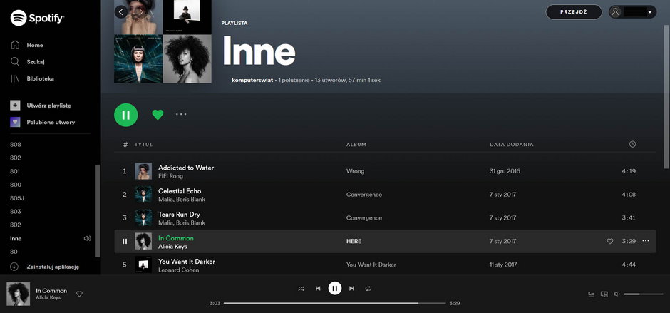Muzykę z serwisu Spotify możemy odtwarzać bezpośrednio z poziomu przeglądarki internetowej, nawet bez konieczności instalowania w komputerze dedykowanej aplikacji 