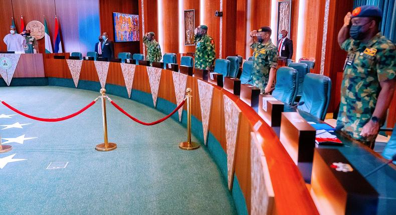 President Muhammadu Buhari presides over the National Security Council meeting, just hours after release of Jangebe schoolgirls. [Presidency]