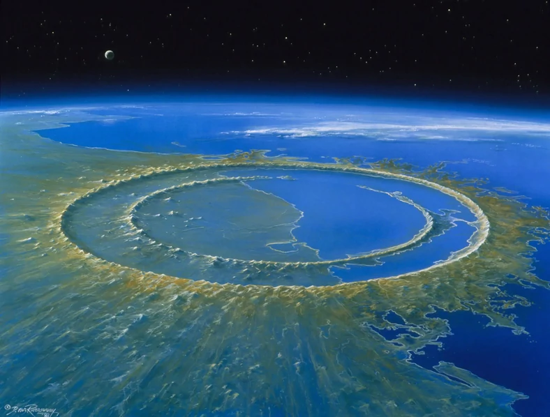 Artystyczna wizja karteru zostawionego przez asteroidę, która uderzyła w Ziemię (półwysep Jukatan) 65-66 mln lat temu